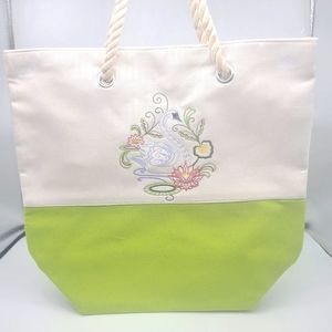 White and Lime Green Tote Bag Embroidered with a Swan- Brand New